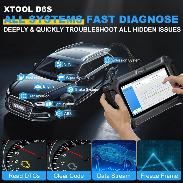 XTOOL D6S- Car Scanner Tool-Diagnosis Scanner- All System Automotive Scanner for All Car 30+ Services Lifetime Free Update Built-in CANFD FCA
