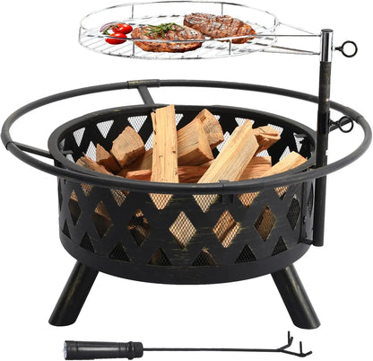 Vuurschaal - Vuurkorf - Multifunctioneel - met Vonkenvanger - Grillrooster - Omslag - Hoogte Verstelbaar - Voor verwarmen - BBQ - Buiten Koken - Rond - 75 x 75 x 58 cm - Zwart