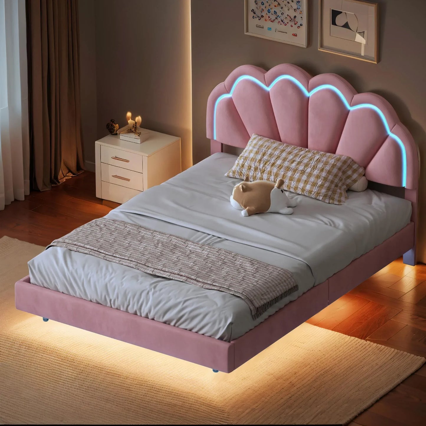 Bed – Fluwelen Bed – Modern Bed – Verlicht Bed – Zwevend Bed – LED Verlichting – Draaggewicht 250 Kg