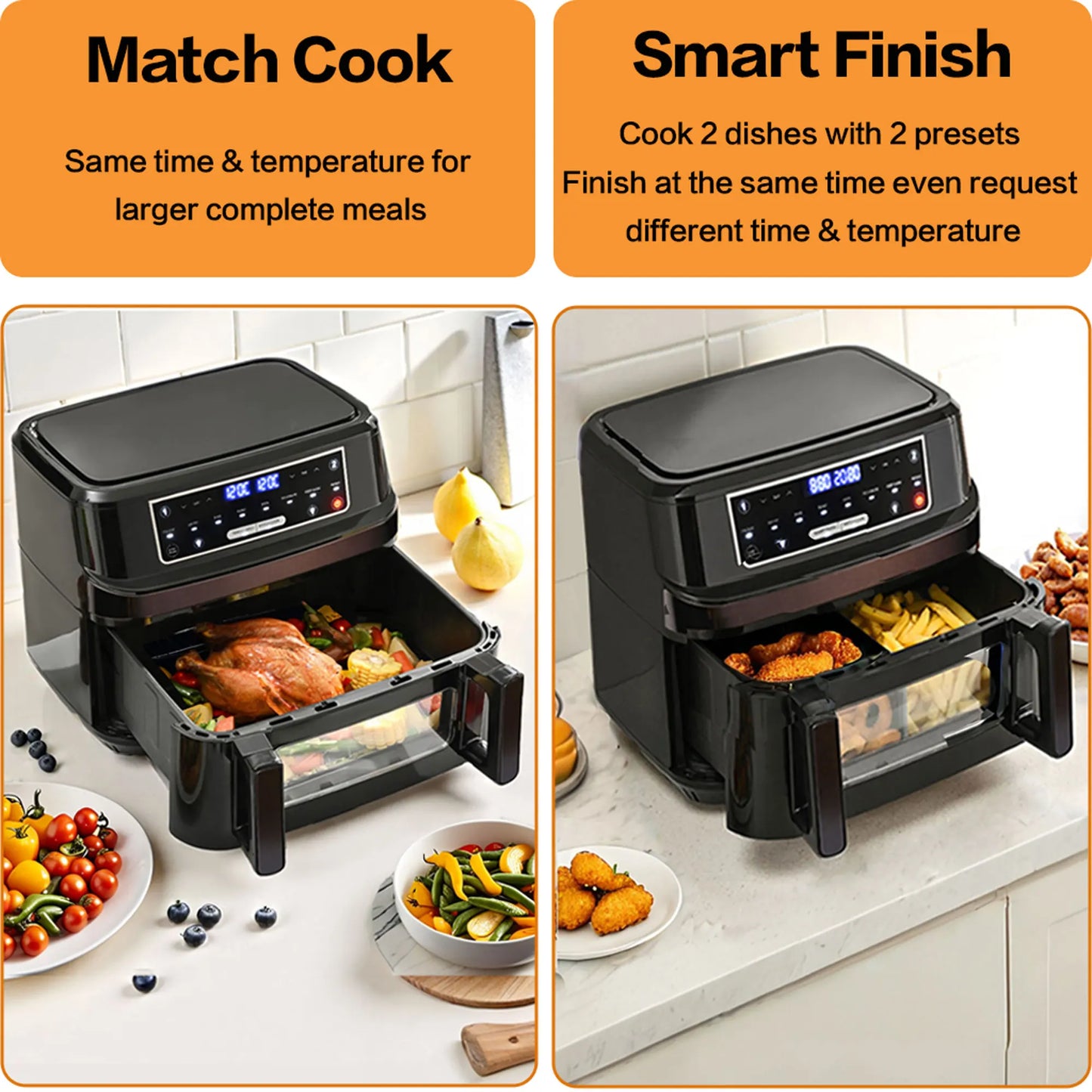Heteluchtfriteuse – Airfryer - Airfryer Oven XXL - 12L - Dubbele Kookkamer Instelbaar - 2000W - 240V - 8 Voorgeprogrammeerde Programma's - LED Touchscreen - Kijkvenster - Zwart - QUORE
