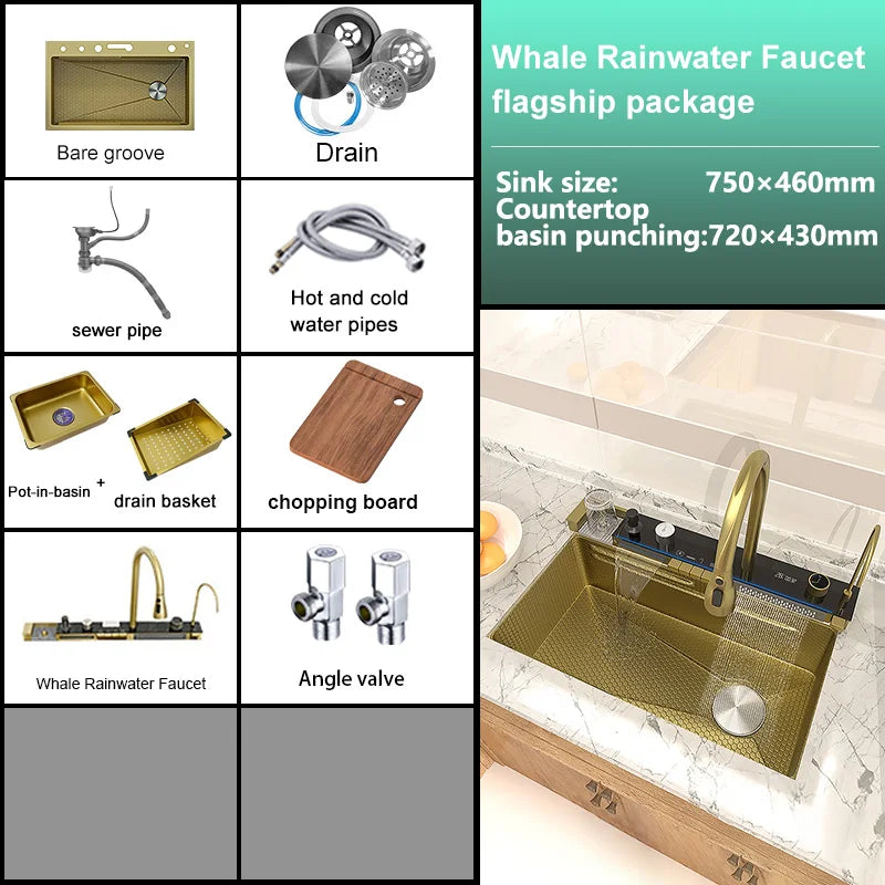 Stainless Steel Waterfall Kitchen Sink Large Single Slot With Digital Display Faucet Apartment Multifunctional Wash Basin