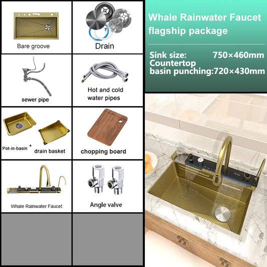 New Waterfall Kitchen Sink Stainless Steel Multi-function Large Single Slot Integrated Digital Display Wash Basin