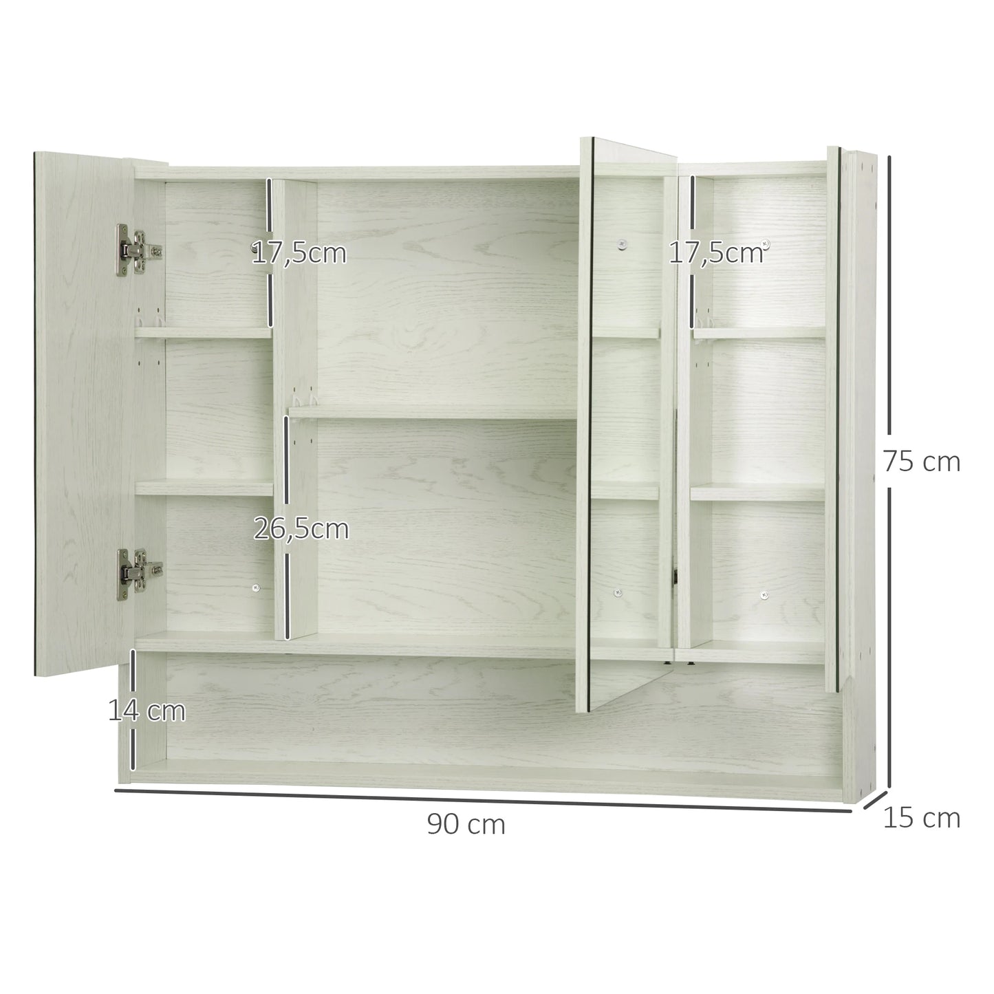 Badkamerkast – Spiegelkast – Wandkast – Opberger – Opbergrek – 3 Verstelbare Planken – MDF Melamine – Compact 90x15x75 cm