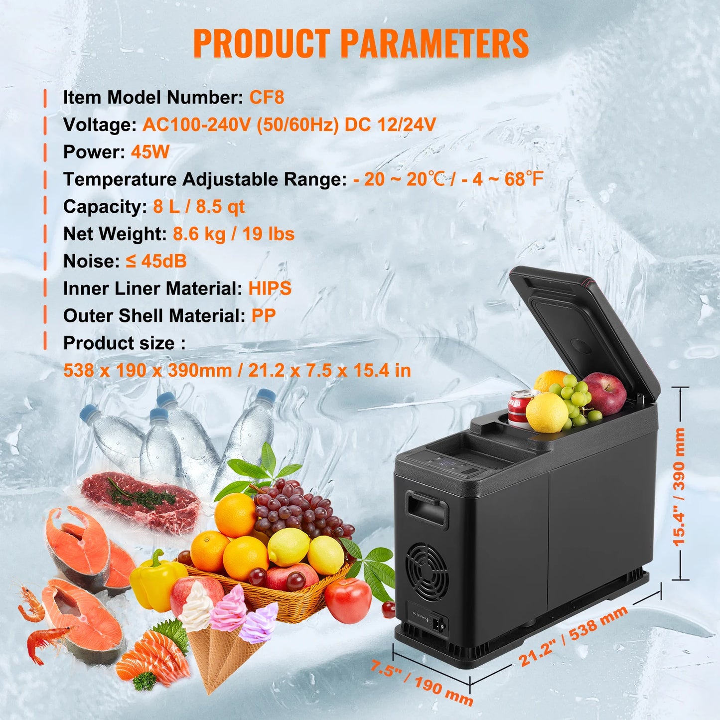 Auto Koelbox - Compressor Koelbox - Compressor Koelkast - Koelbox - 8L- Armsteun Koelkast - -20°C tot 20°C - Draagbare - Mini Koelkast - met LED & Bluetooth - voor Auto & Camping