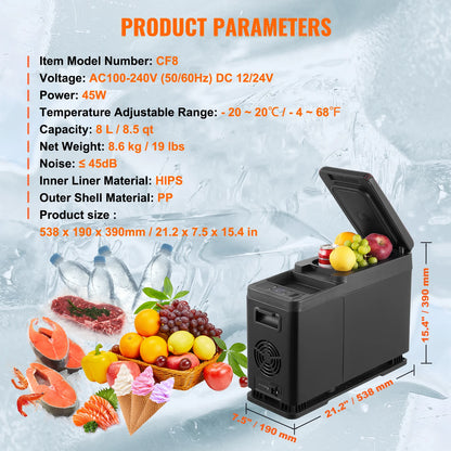 Auto Koelbox - Compressor Koelbox - Compressor Koelkast - Koelbox - 8L- Armsteun Koelkast - -20°C tot 20°C - Draagbare - Mini Koelkast - met LED & Bluetooth - voor Auto & Camping
