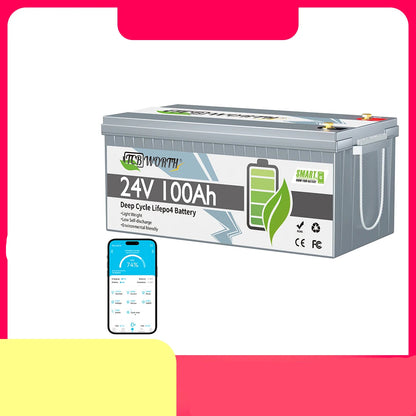 24V 100Ah LiFePO4 Accu – Lithium Accu – Energieopslag Accu – Camper Accu – Boot Accu – Bluetooth Connectiviteit – Geïntegreerd 100A Batterijbeheersysteem