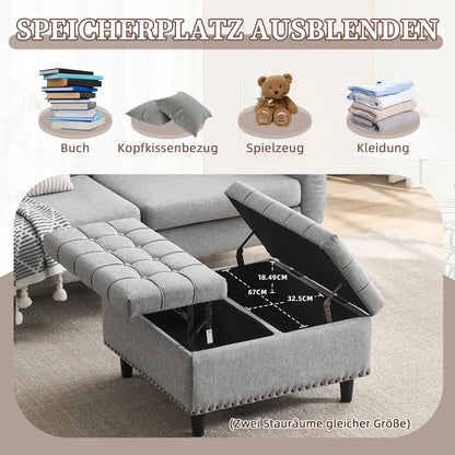 Poef met Opbergruimte – Opbergstoel – Opbergbankje – Zitkist – Opbergbox – Beige Linnen – Grote Vierkante Zitting – Stevige Houten Constructie