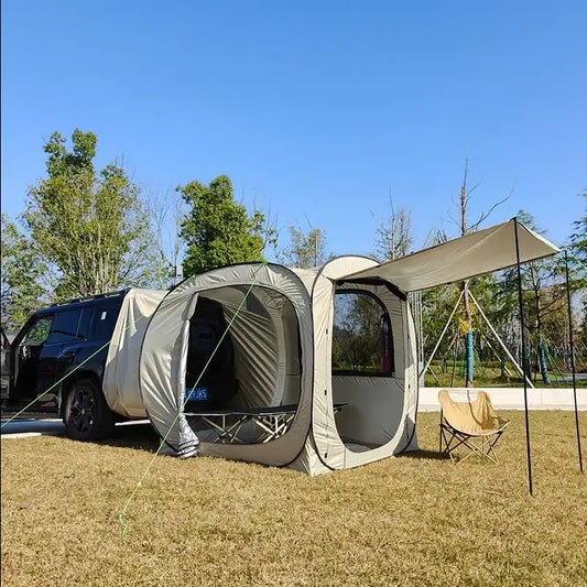 Pop-up Auto Tent - Car Tent - Bustent - Koepeltenten - voor 4-Persoons - Campingtent voor SUV - Caddy - Daktent - Waterdicht - All-Weather Vouwtent met Luifel - voor SUV & Aanhanger - Khaki