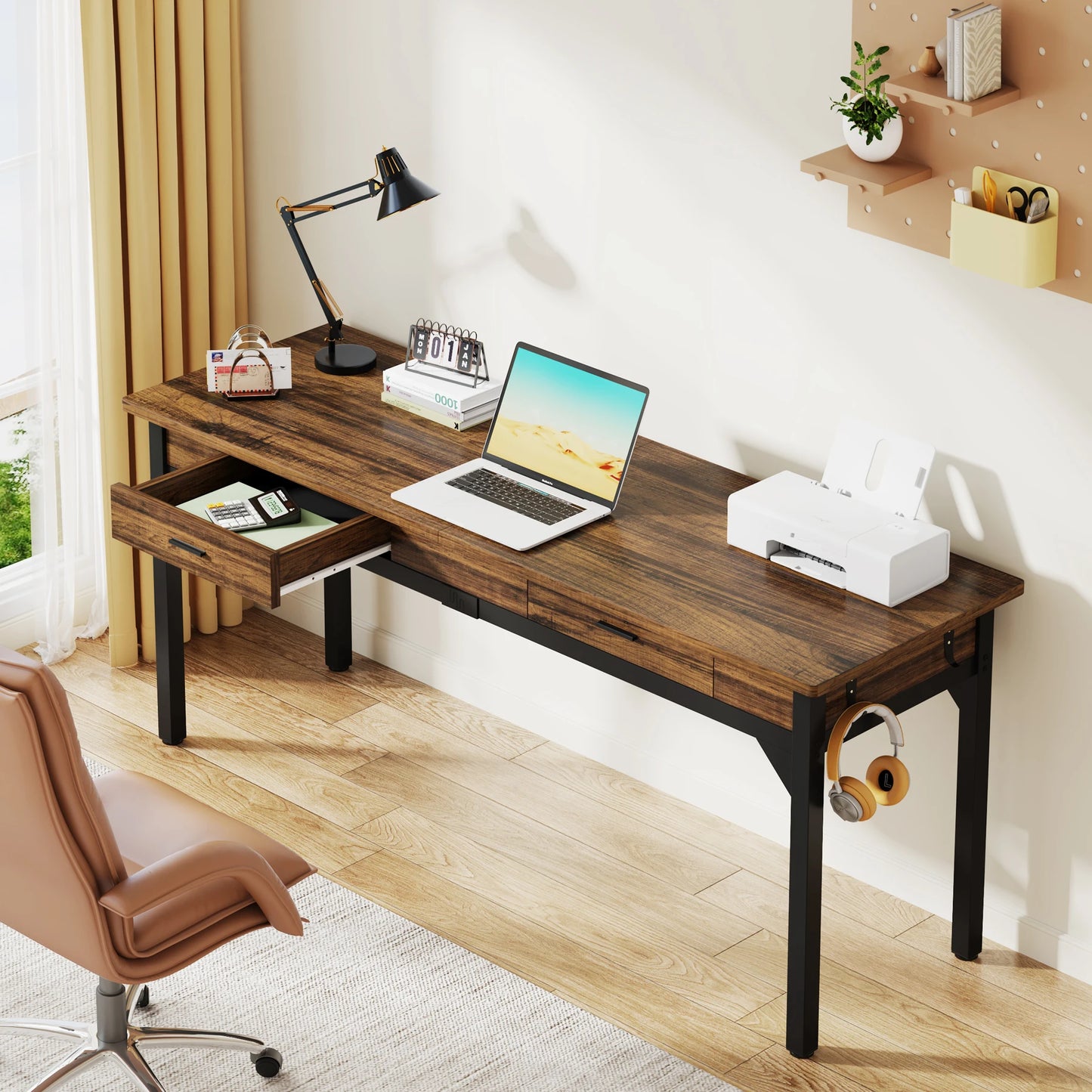 Bureau – Computerbureau – Bureautafel – Schrijftafel – Dubbel bureau – Extra Lang 200 cm – Stevig Metalen Frame – 2 Laden & 2 Haken – Chocoladebruin - QUORE