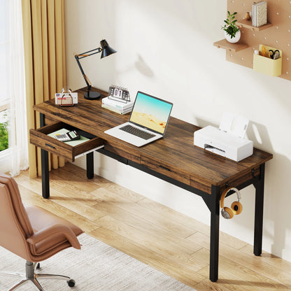 Bureau – Computerbureau – Bureautafel – Schrijftafel – Dubbel bureau – Extra Lang 200 cm – Stevig Metalen Frame – 2 Laden & 2 Haken – Chocoladebruin - QUORE