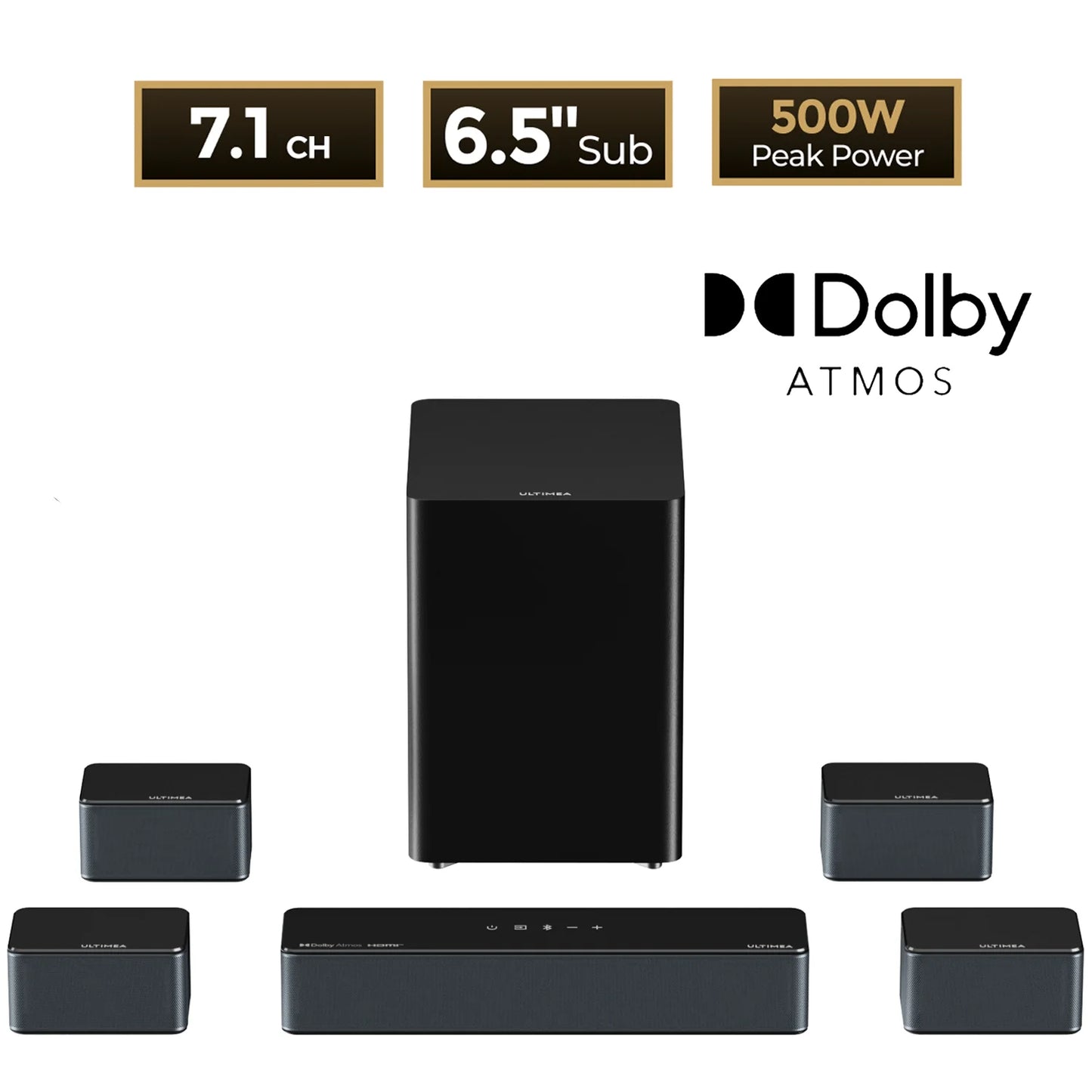 Soundbar – Home Cinema Speaker – Surround Sound Systeem – Draadloze Subwoofer – 7.1 Kanaals – 500W Vermogen – Dolby Atmos – 6,5 Inch Subwoofer
