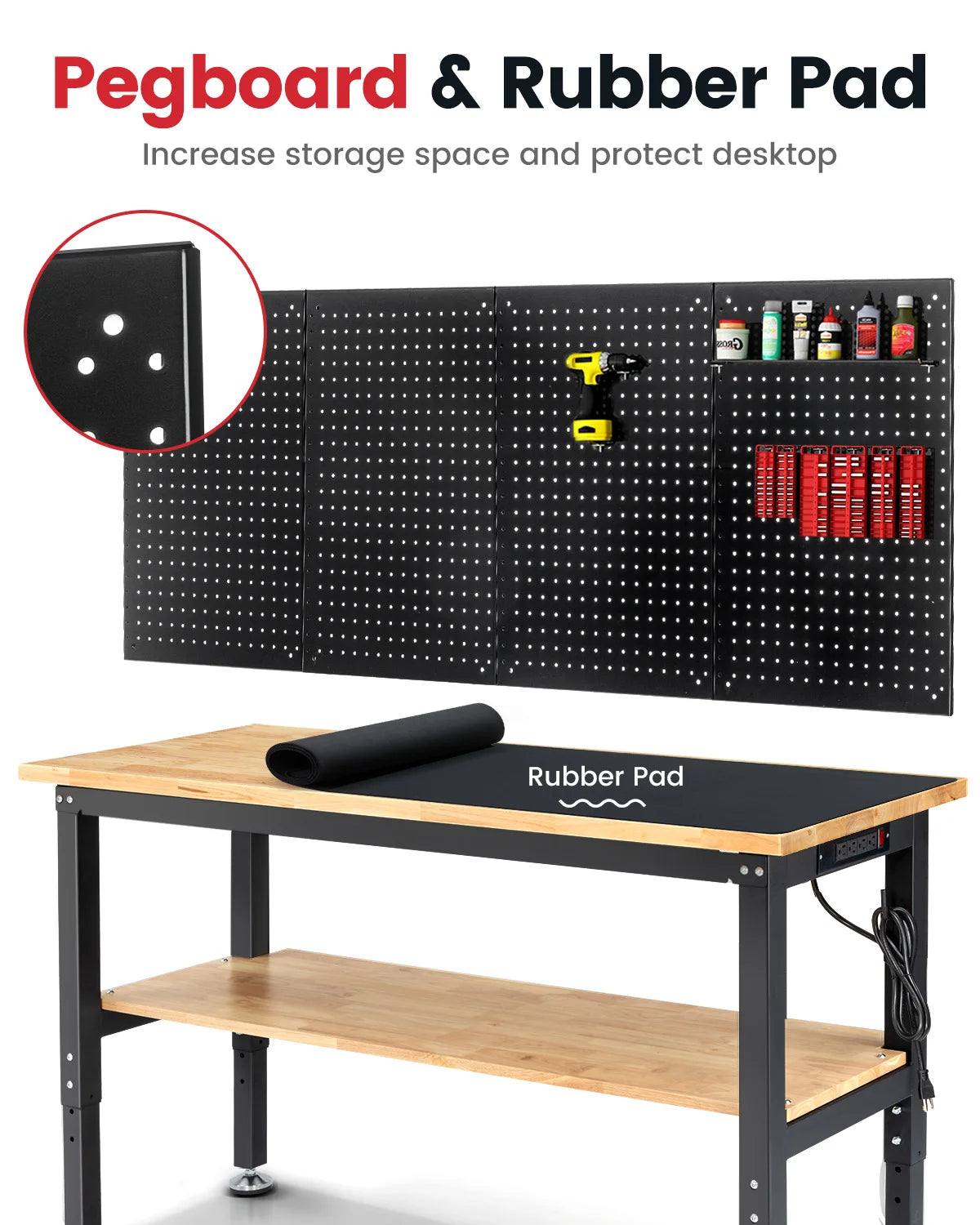 Verstelbare Werkbank - Werktafel - Industriële Werkbank - 60inch - Rubberen Houten Werktafel - met Metalen Pegboard - en 2-Laags Opslag - Grote Werktafel - voor Houtbewerking - en Klussen