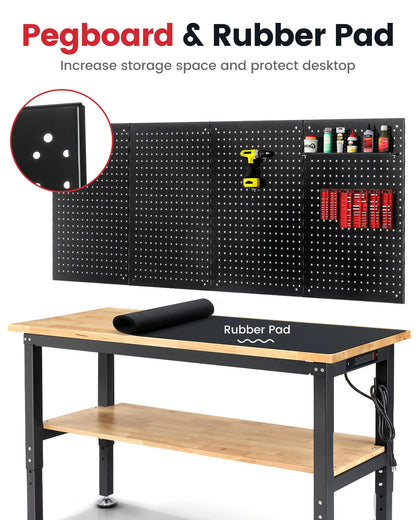 Verstelbare Werkbank - Werktafel - Industriële Werkbank - 60inch - Rubberen Houten Werktafel - met Metalen Pegboard - en 2-Laags Opslag - Grote Werktafel - voor Houtbewerking - en Klussen