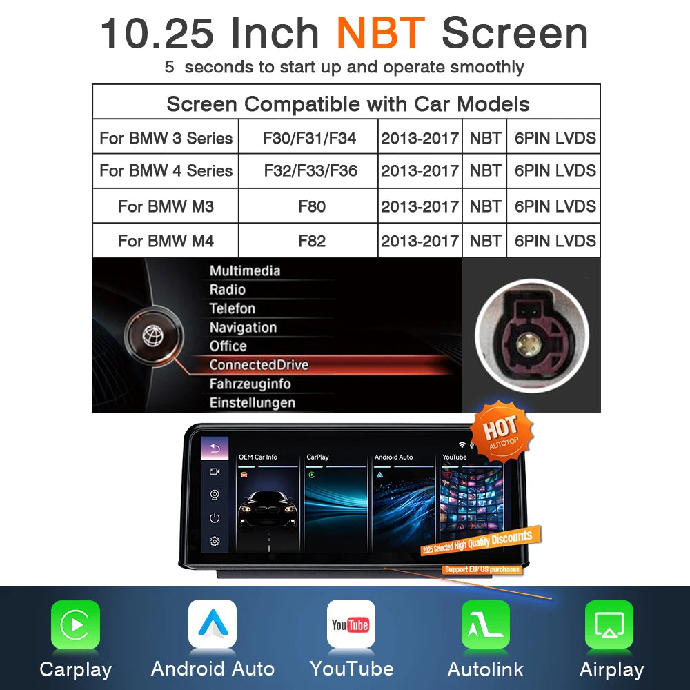 AUTOTOP Wireless CarPlay YouTube 10.25" Linux Screen For BMW 3/4Series F30 F31 F32 F33 F34 F36 Car Multimedia BT GPS Navigation