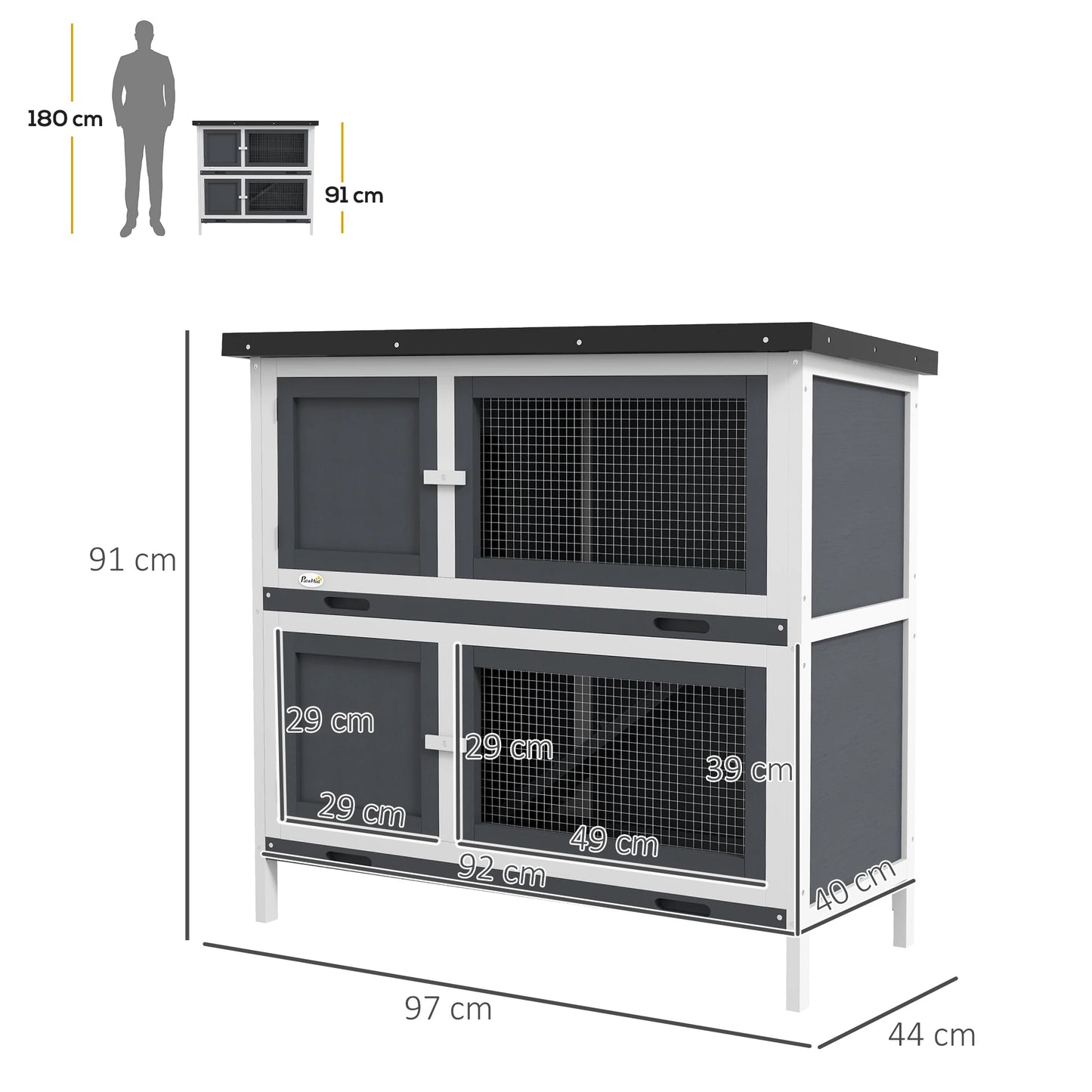 Dierenren – Konijnenhok – Caviakooi – Huisdierenverblijf – 2-Laags – Weerbestendig Dak – Eenvoudig Schoon Te Maken - 97 x 44 x 91 cm - Grijs