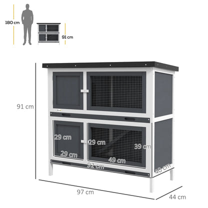 Dierenren – Konijnenhok – Caviakooi – Huisdierenverblijf – 2-Laags – Weerbestendig Dak – Eenvoudig Schoon Te Maken - 97 x 44 x 91 cm - Grijs