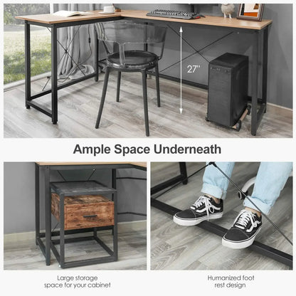 Hoekbureau – L-vormig Bureau – Computerbureau – Werkplek Bureau – Thuiswerk Bureau – Ruim Werkoppervlak 170x60 cm – Stevig MDF Blad Met Metalen Frame - Natuurlijk hout - QUORE