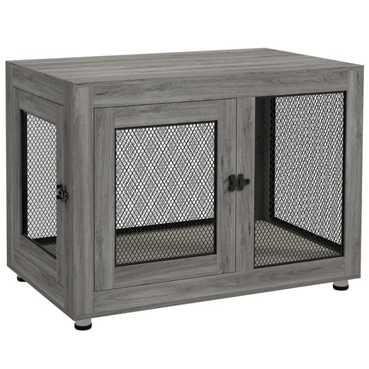 Hondenkennel – Hondenhok – Hondenbench – Hondenkooi – Bijzettafel – Grijs – Multifunctioneel 2-in-1 Ontwerp – Stevig Melamine Hout Met Ventilatie - QUORE