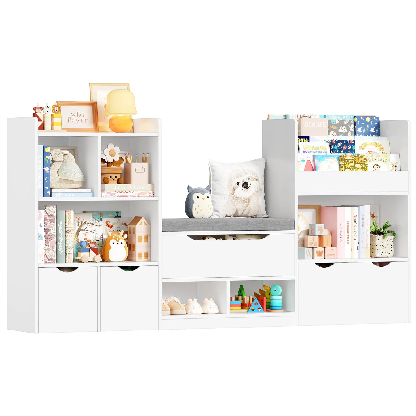 Opbergmeubel Kind – Speelgoedkast – Boekenkast – Kinderkast – Opbergkast – Wit – Met Bankje – 183,5 x 94,5 x 29,8 cm – Hout – 3 Rollende Lades