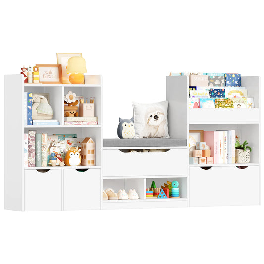 Opbergmeubel Kind – Speelgoedkast – Boekenkast – Kinderkast – Opbergkast – Wit – Met Bankje – 183,5 x 94,5 x 29,8 cm – Hout – 3 Rollende Lades