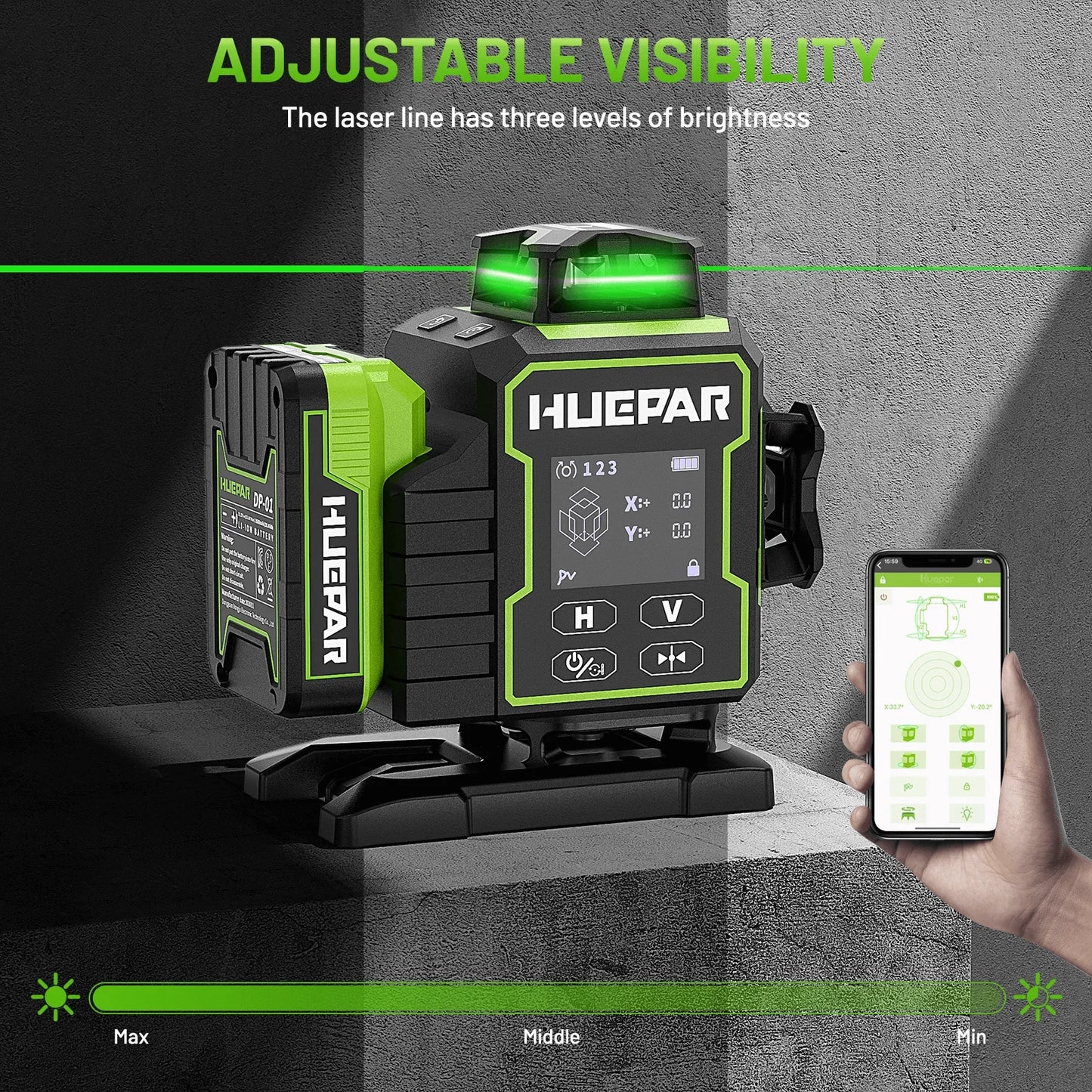 Huepar W04CG Laser Level Set Professional 16 Lines Bluetooth Lazer Leveller 4D Cross Line With Electric Rotating Base & Detector