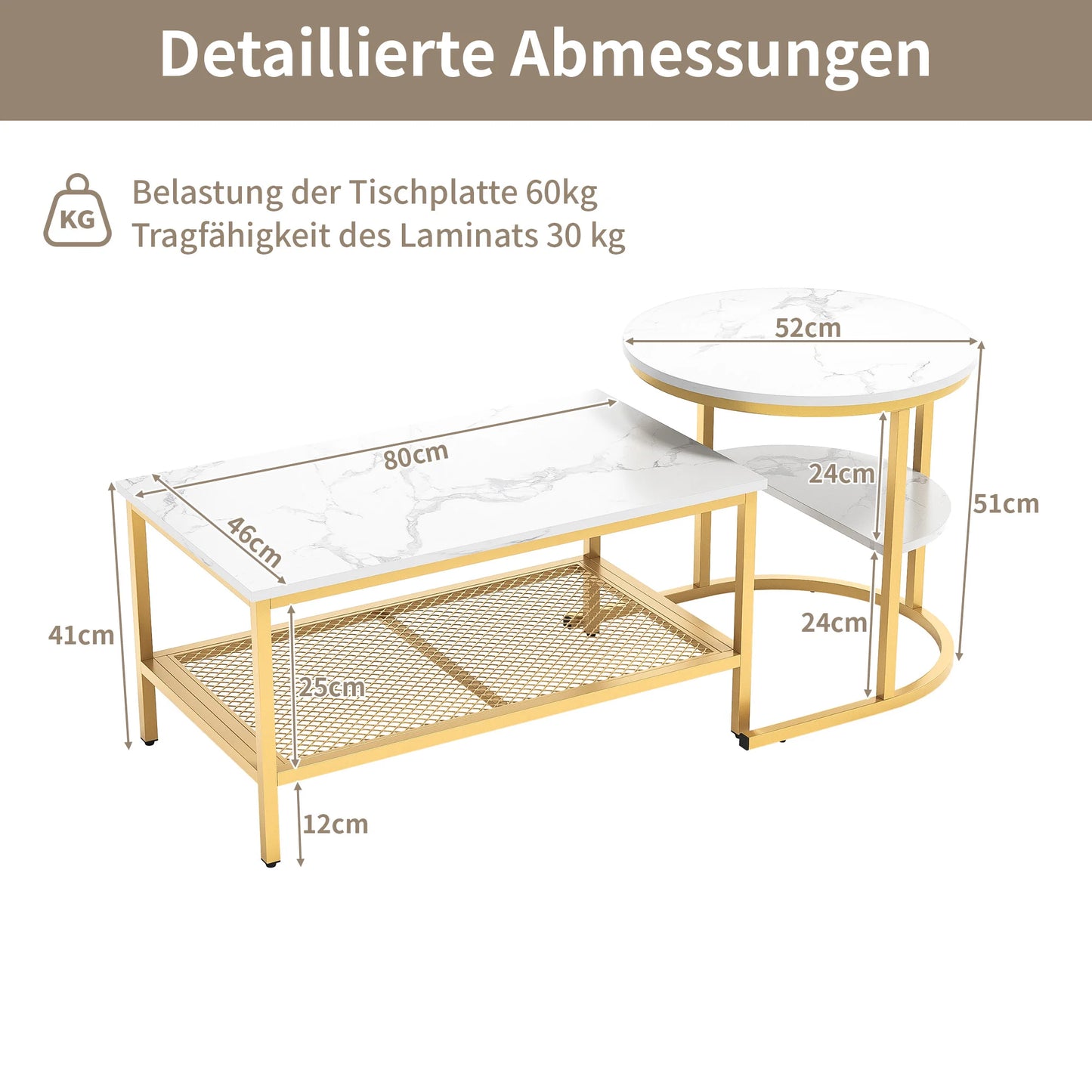 Salontafel - Kleine Tafel - Eindtafels - Woonkamer - Moderne Nest Salontafel - Marmeren Fineer - Gouden Frame