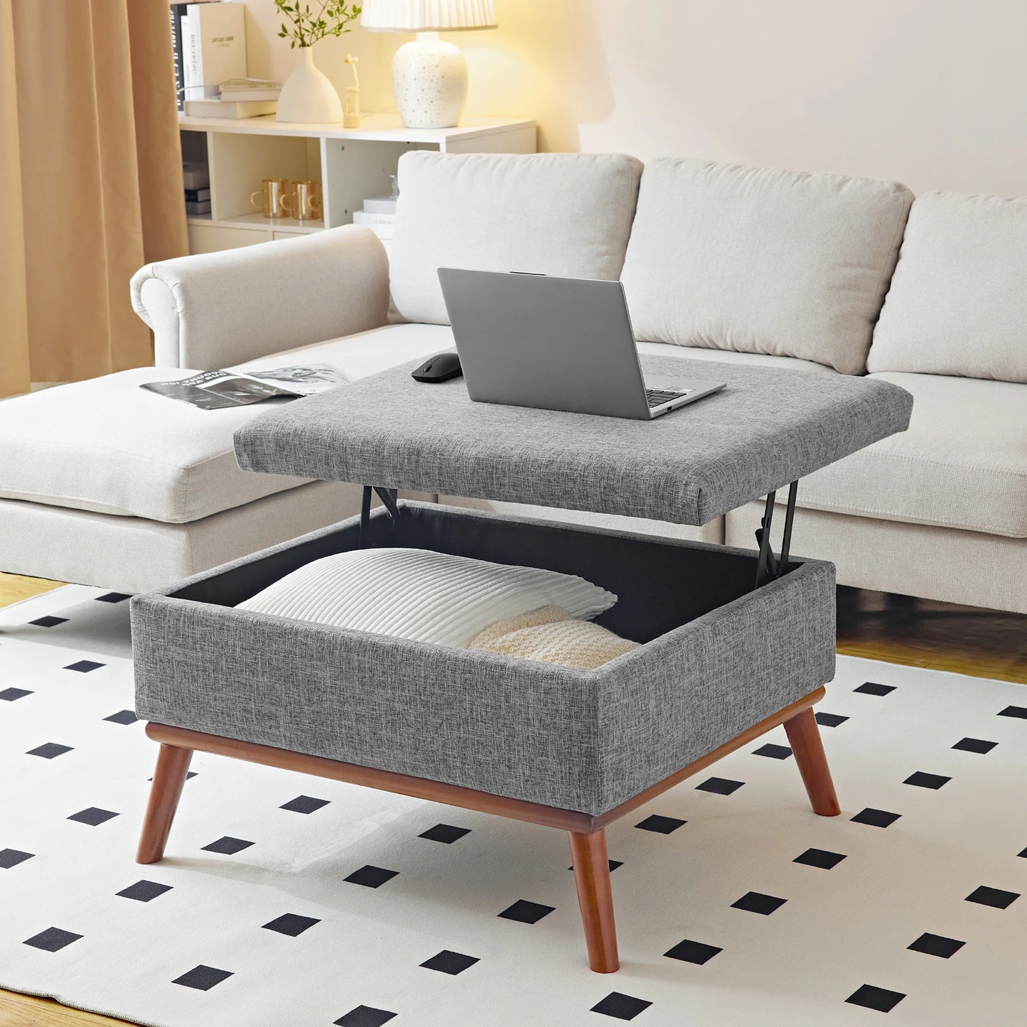 Salontafel – Opbergtafel – Tafel Met Opbergruimte – Verstelbare Salontafel – Liftbaar Tafelblad – Massief Houten Frame - 80 x 60 x 48 cm - Grijs