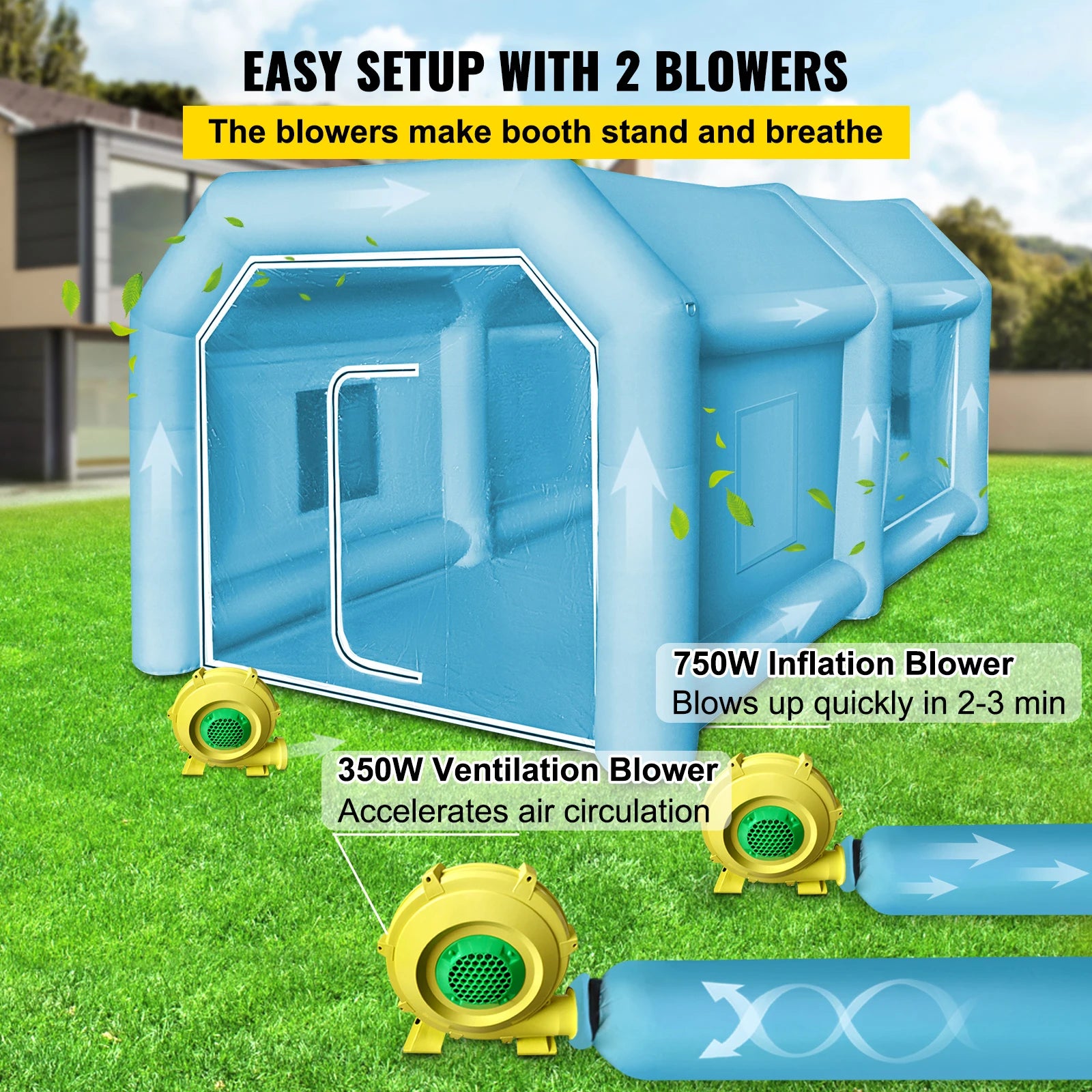 Opblaasbare Spuitcabine – Verfspuitcabine – Spuitstand – Schildercabine – Werkruimte 3,6x1,7x1,8 Meter – 210D Oxford Polyester – Koolstoffilters Met Ventilator - QUORE