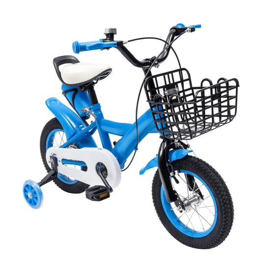Kinderfiets - Kinderfiets met Zijwielen - 12 inch - Stoere Fiets voor Kinderen 2-4 Jaar – Verstelbaar Zadel en Stuur – Met Opbergbak en Mand - Perfect voor Leren Fietsen -  Verstelbare Hoogte, Carbon Staal & Zijwieltjes - Blauw