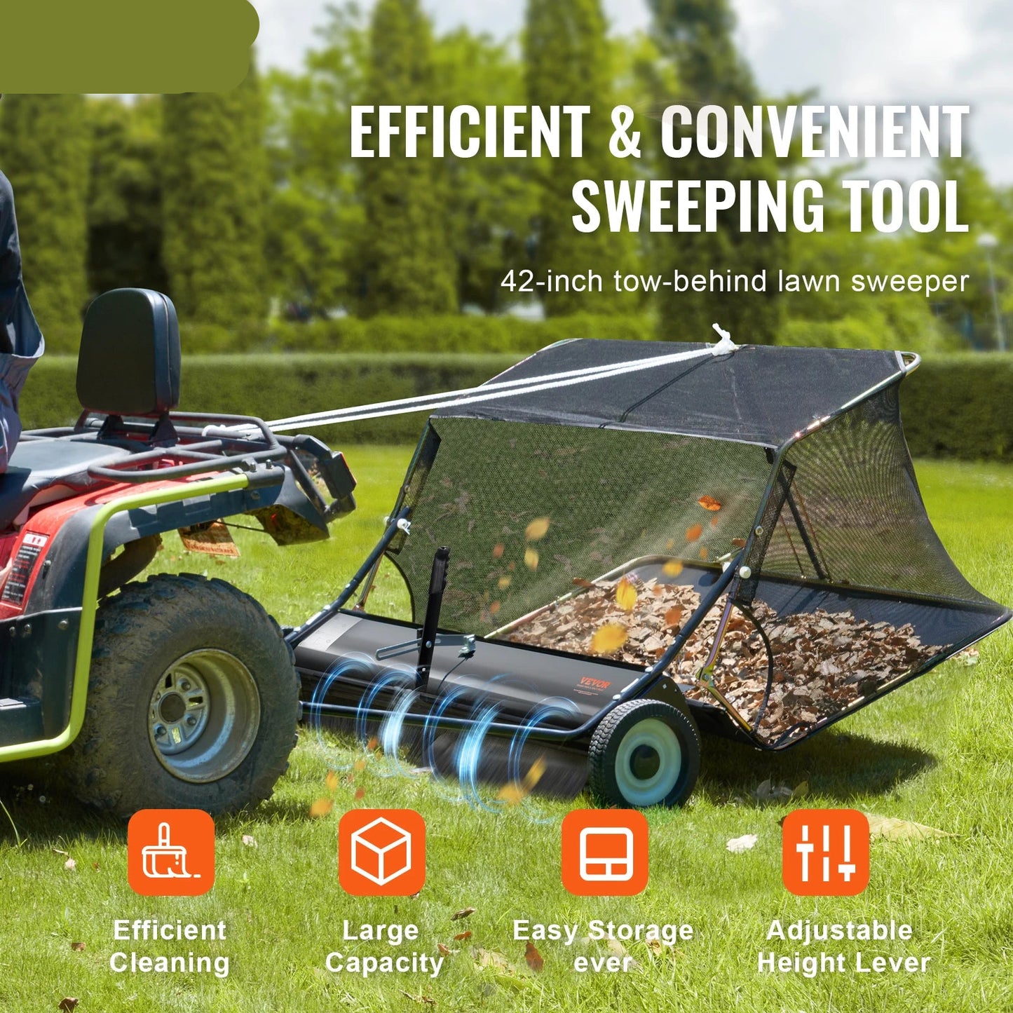 Gras- En Bladschepper – Tuinveger – Bladruimer – Grasveger – Opvangzak 12 Kuub – Instelbare Borstelhoogte – Brede Veegbreedte 106 Cm - QUORE