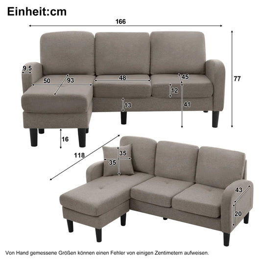 L-Vormige Bank – Hoekbank – 3-Zits Sofa – Modulair Zitmeubel – Loungesofa – Ademend Katoen-Linnen – Compact 166x118x77 CM