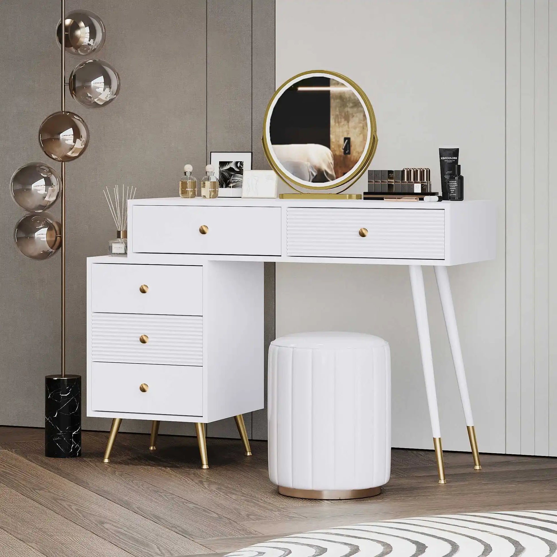 Kaptafel – Make-uptafel – Beautykast – Schminktisch – LED-Verlichting Met Drie Lichtstanden – Verstelbare Zijkasten - QUORE
