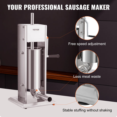 Sausage Filler - Sausage Maker - Manual Sausage Filler - Sausage Filling Machine - 5L - Stainless Steel - with 4 filling funnels