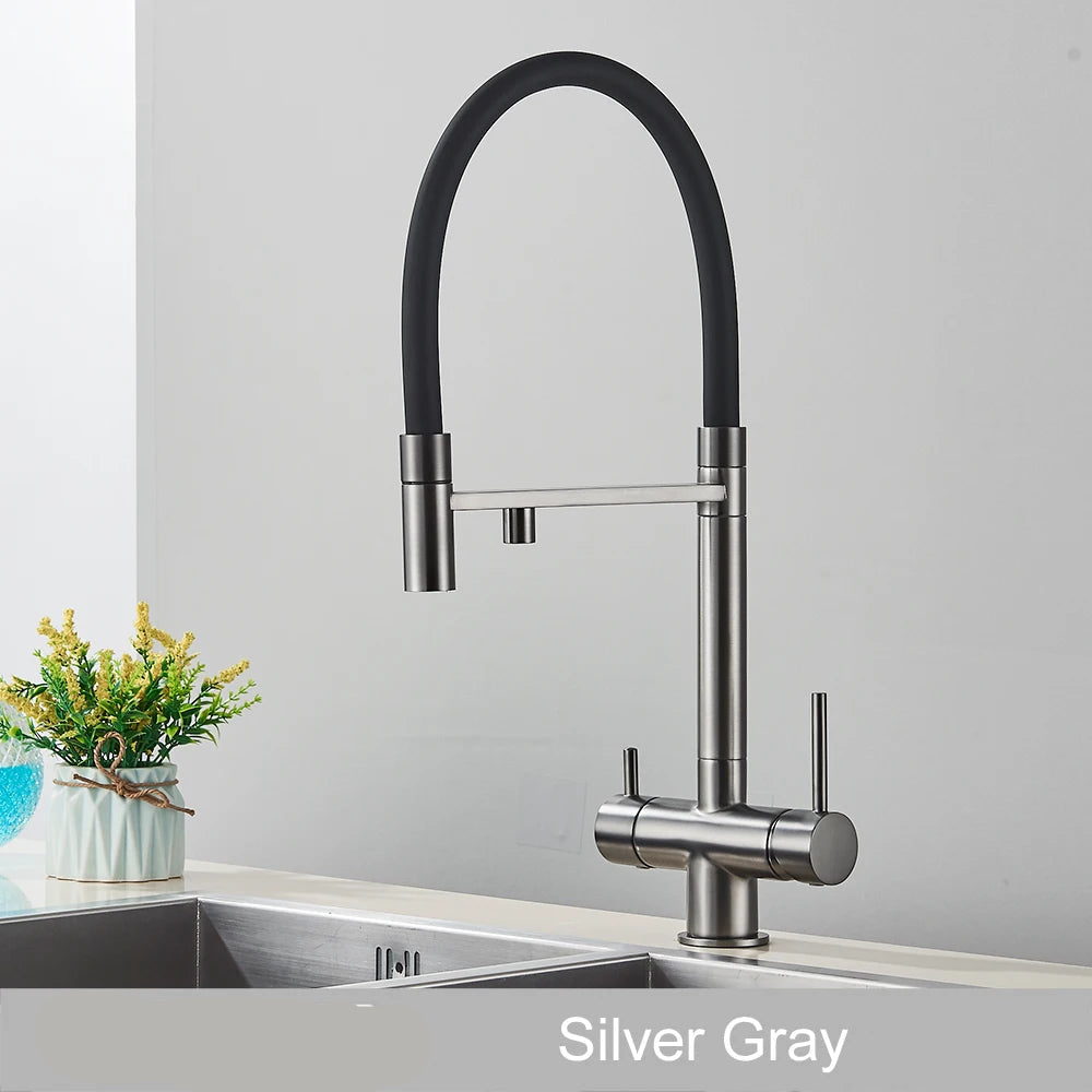 Keukenmengkraan - met Uittrekbare Uitloop – Keukenkraan - Dual Handle en Gefilterd Water - Koud en Warmwaterkraan - Uittrekbare Sproeikop - Zilvergrijs