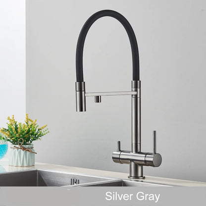 Keukenmengkraan - met Uittrekbare Uitloop – Keukenkraan - Dual Handle en Gefilterd Water - Koud en Warmwaterkraan - Uittrekbare Sproeikop - Zilvergrijs