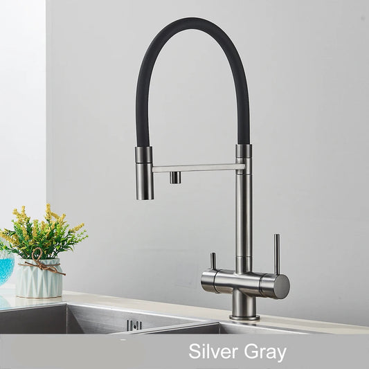 Keukenmengkraan - met Uittrekbare Uitloop – Keukenkraan - Dual Handle en Gefilterd Water - Koud en Warmwaterkraan - Uittrekbare Sproeikop - Zilvergrijs