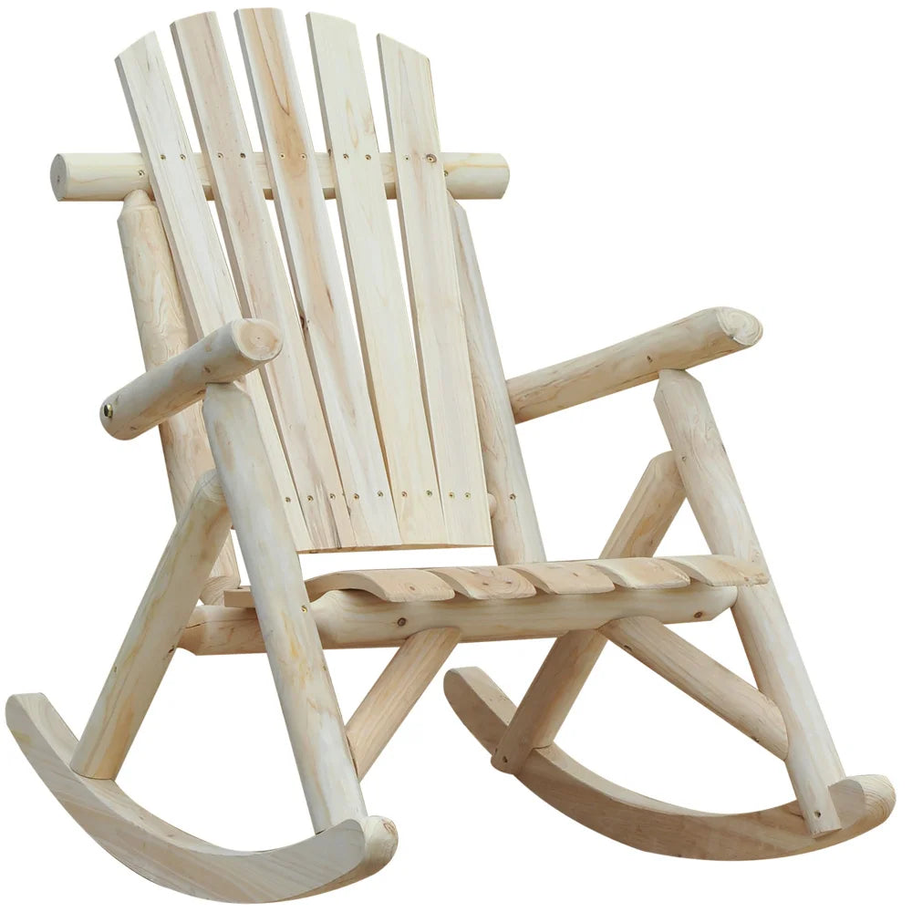 Houten Schommelstoel – Schommelstoel Voor Binnen – Tuinstoel – Balkonstoel – Ergonomisch Zitvlak – Natuurlijk Dennenhout – Extra Hoge Rugleuning - Witte Rijst
