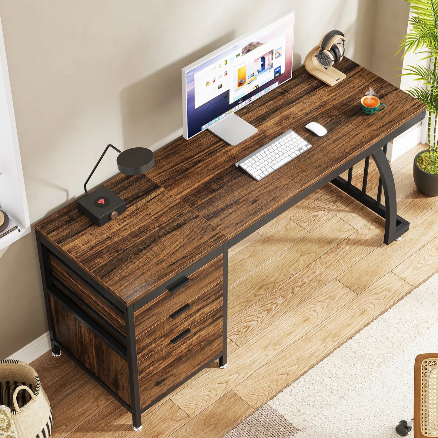 Bureau – Computerbureau – Werktafel – Studiebureau – Schrijftafel – Industriële Constructie – Verstelbare Laden - Rustiek Bruin - QUORE