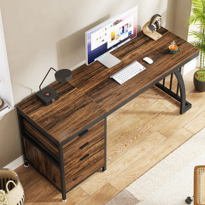 Bureau – Computerbureau – Werktafel – Studiebureau – Schrijftafel – Industriële Constructie – Verstelbare Laden - Rustiek Bruin - QUORE