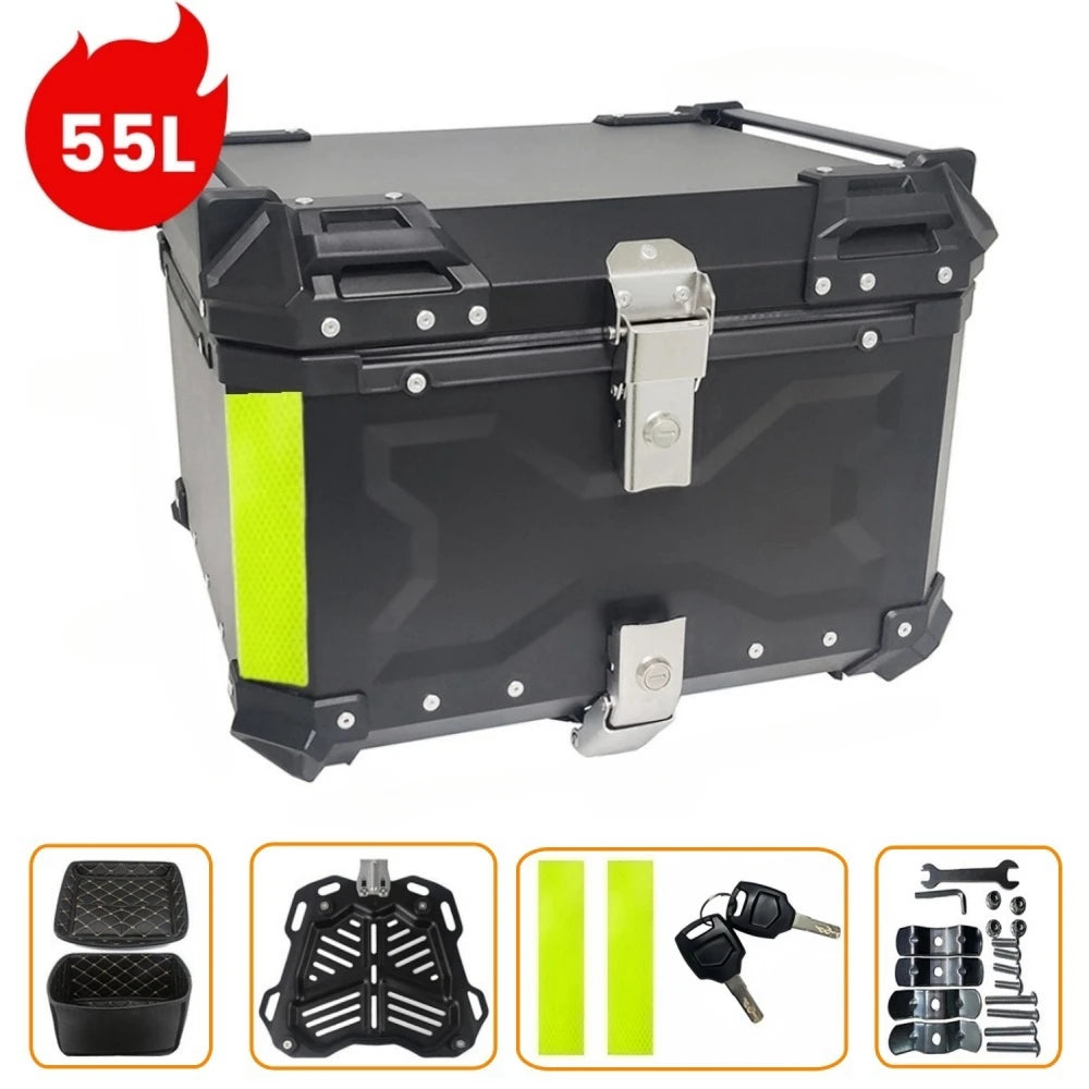 Motorhelm Opbergbox – Motor Koffer – Bagagebox – Helm Kist – Motor Topkoffer – 55L Inhoud – Duurzaam Aluminium – Waterdicht – Snel Loskoppelbaar – Zwart