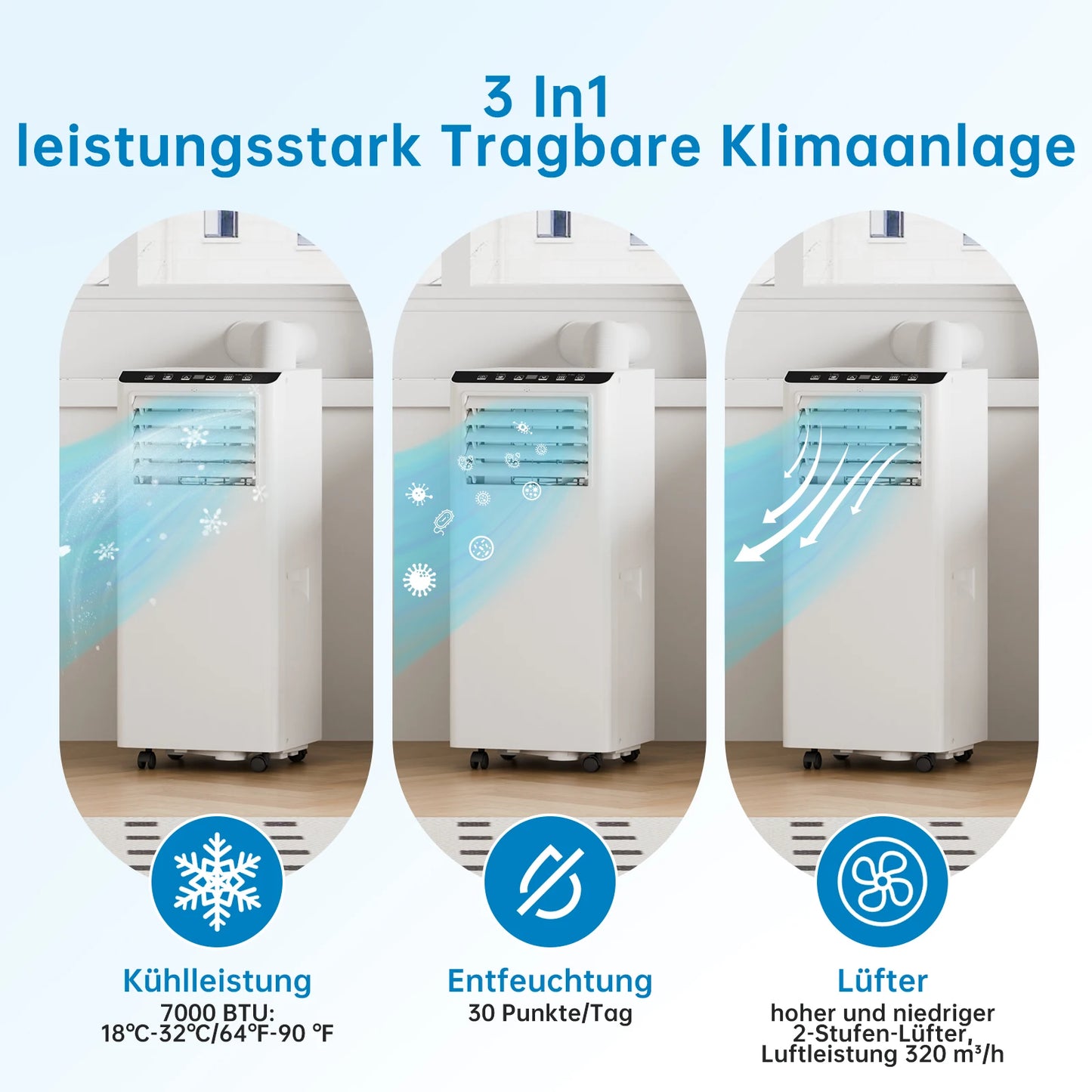Mobiele Airco – Draagbare Airconditioner – Verplaatsbare Koeler – Mini Airco – 7000 BTU – 4-in-1 Functie – Geruisloos Met Afstandsbediening