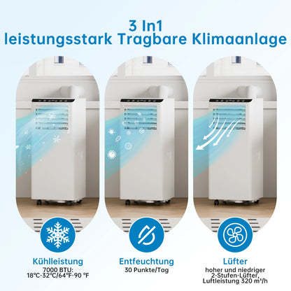 Mobiele Airco – Draagbare Airconditioner – Verplaatsbare Koeler – Mini Airco – 7000 BTU – 4-in-1 Functie – Geruisloos Met Afstandsbediening