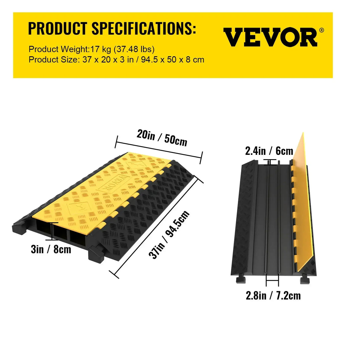 Cable Protector Driveway - Cable Protector Driveway - Cable Protector - Cable Protector Threshold - Cable Protector - Cable Cover - Cable Mat - 1 verpakking van 3-kanaals rubberen kabelbeschermers - Zwart Geel