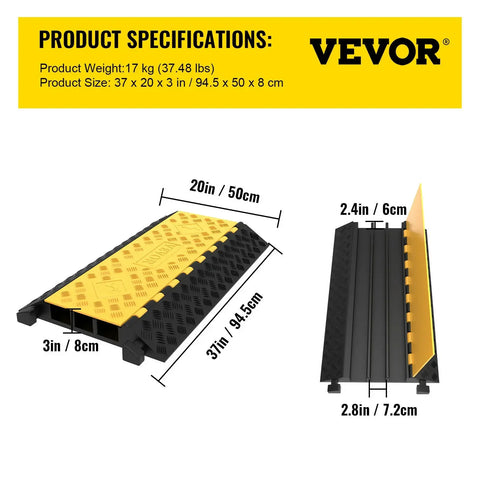 Cable Protector Driveway - Cable Protector Driveway - Cable Protector - Cable Protector Threshold - Cable Protector - Cable Cover - Cable Mat - 1 Pack of 3 Channel Rubber Cable Protectors - Black Yellow