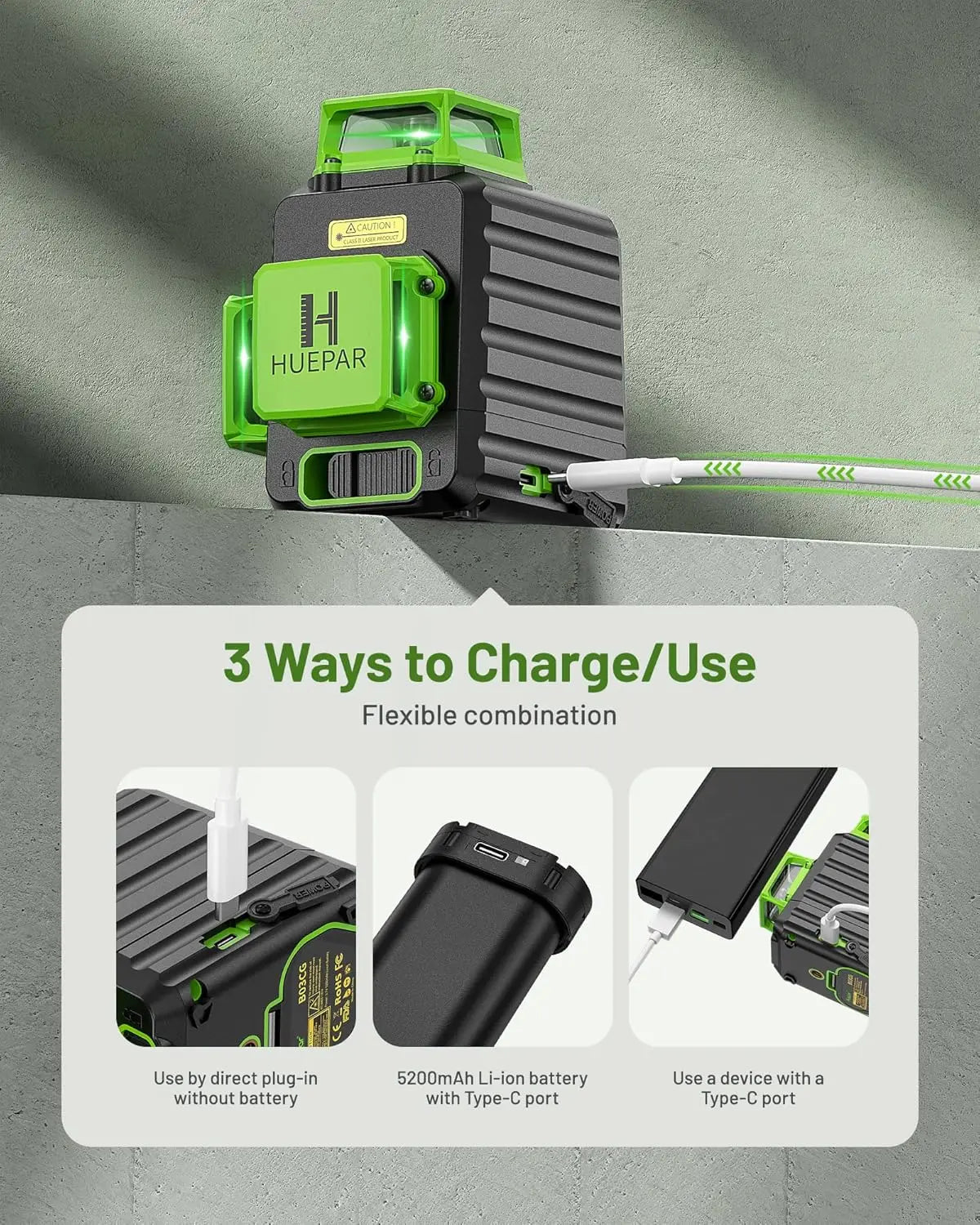 Huepar B03CG 12 Lines Laser Level 3D Self Leveling High Brightness Green Horizontal And Vertical Cross Line Laser With Hard Case