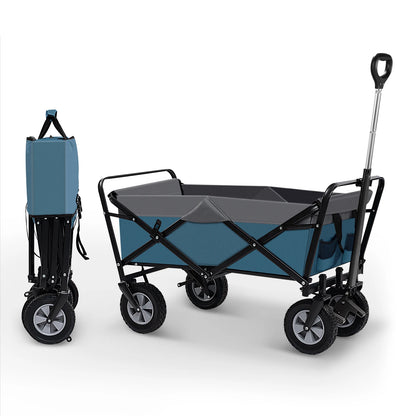 Tuinwagen - Tuinkar - Bolder - Transport - Strand - Boodschappen - Heavy-duty - Plat- en - Hekwerkontwerp - Voor Tuin - Erf - en Magazijn - Ergonomische Handgreep - 100L - 360° Draaibare Wielen - Draagvermogen 80kg - Blauw en Grijs - QUORE