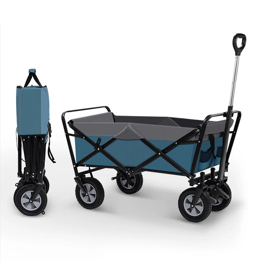 Tuinwagen - Tuinkar - Bolder - Transport - Strand - Boodschappen - Heavy-duty - Plat- en - Hekwerkontwerp - Voor Tuin - Erf - en Magazijn - Ergonomische Handgreep - 100L - 360° Draaibare Wielen - Draagvermogen 80kg - Blauw en Grijs - QUORE