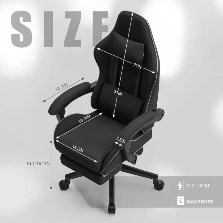Gaming Stoel - Bureaustoel - Swivel Stoel - met Voetsteun - Hoofdsteun - Verstelbare - Rugleuning - Lendensteun - Ergonomische - Stevig - Draaibare - Stof - Zwart
