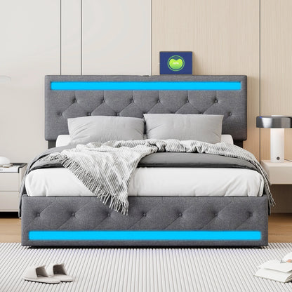 Opbergbed – Gestoffeerd Bed – Tweepersoonsbed – Opbergruimte Bed – Ladebed – 180x200 cm – Linnen Hoofdbord met LED Verlichting – Met 4 Ruime Lades