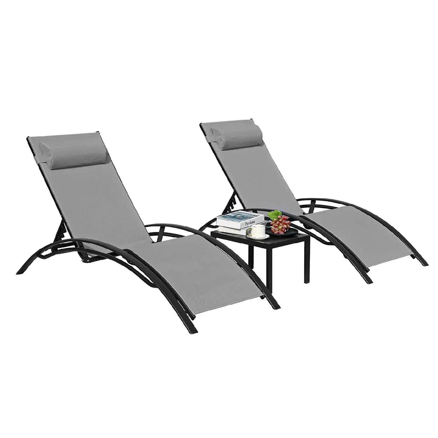 Ligstoelen Set - Stoelen  - Campingstoelen - Strandstoelen - Opvouwbaar - 3-Delige Loungeset - met Bijzettafel - 5 Posities Verstelbaar - voor Buiten - Tuin - Zwembad - Strand - Camping - Patio - Grijs